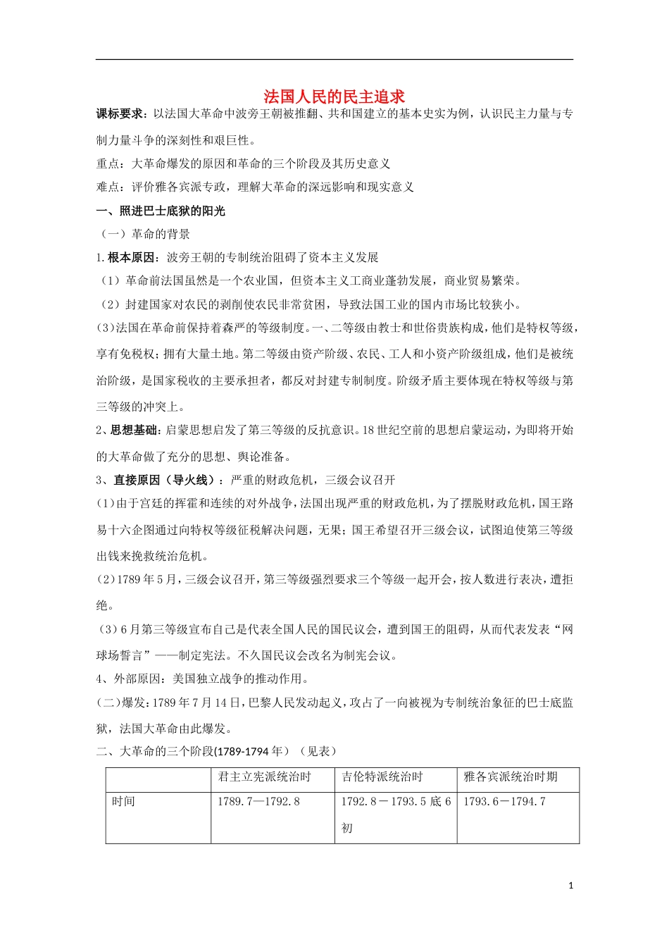 高中历史专题三民主力量与专制势力的较量第3节法国人民的民主追求教案人民版选修2_第1页