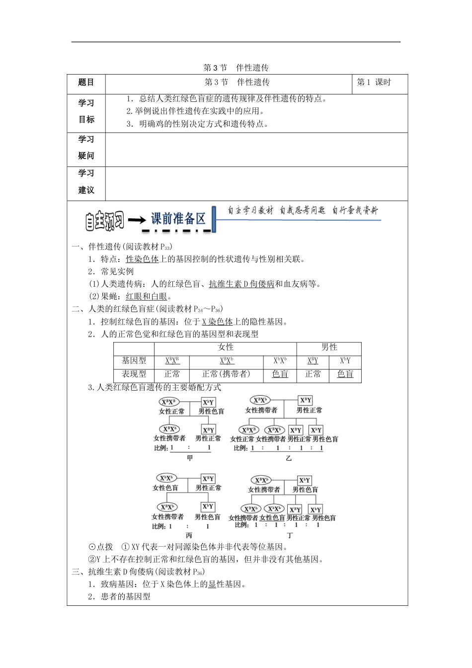 高中生物第二章基因和染色体的关系伴性遗传学案新人教必修_第1页