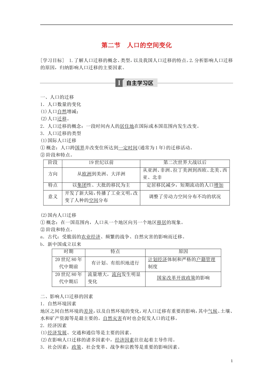 高中地理第一章人口的变化第二节人口的空间变化学案新人教必修_第1页