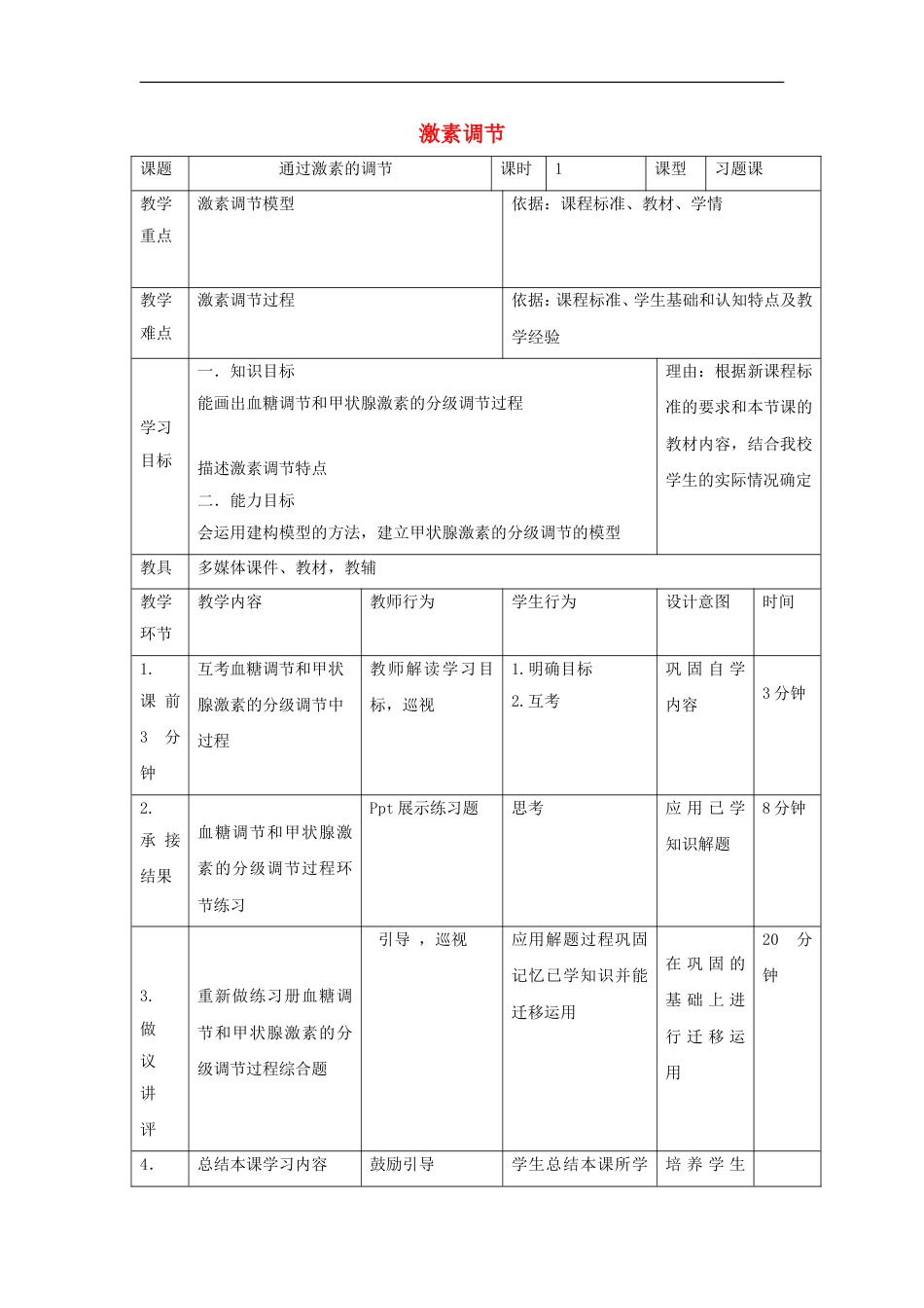 高中生物第二章动物和人体生命活动的调节22通过激素的调节4教案新人教必修3_第1页