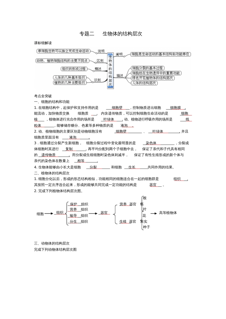 2017年中考生物专题二生物体的结构层次复习题北师大版_第1页