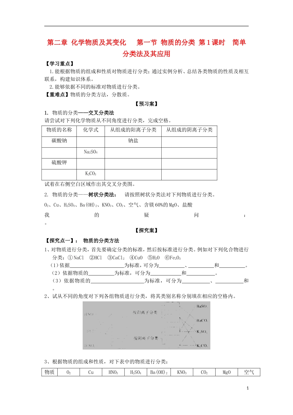 高中化学第二章化学物质及其变化物质的分类时简单分类法及其应用学案新人教必修_第1页