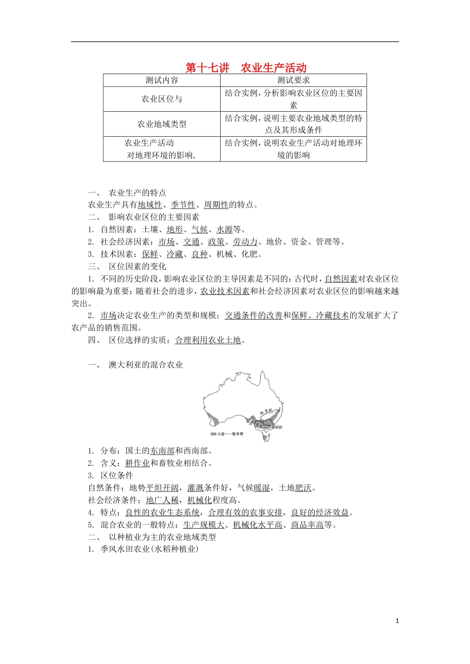 高中地理第十七讲农业生产活动学业水平测试新人教_第1页