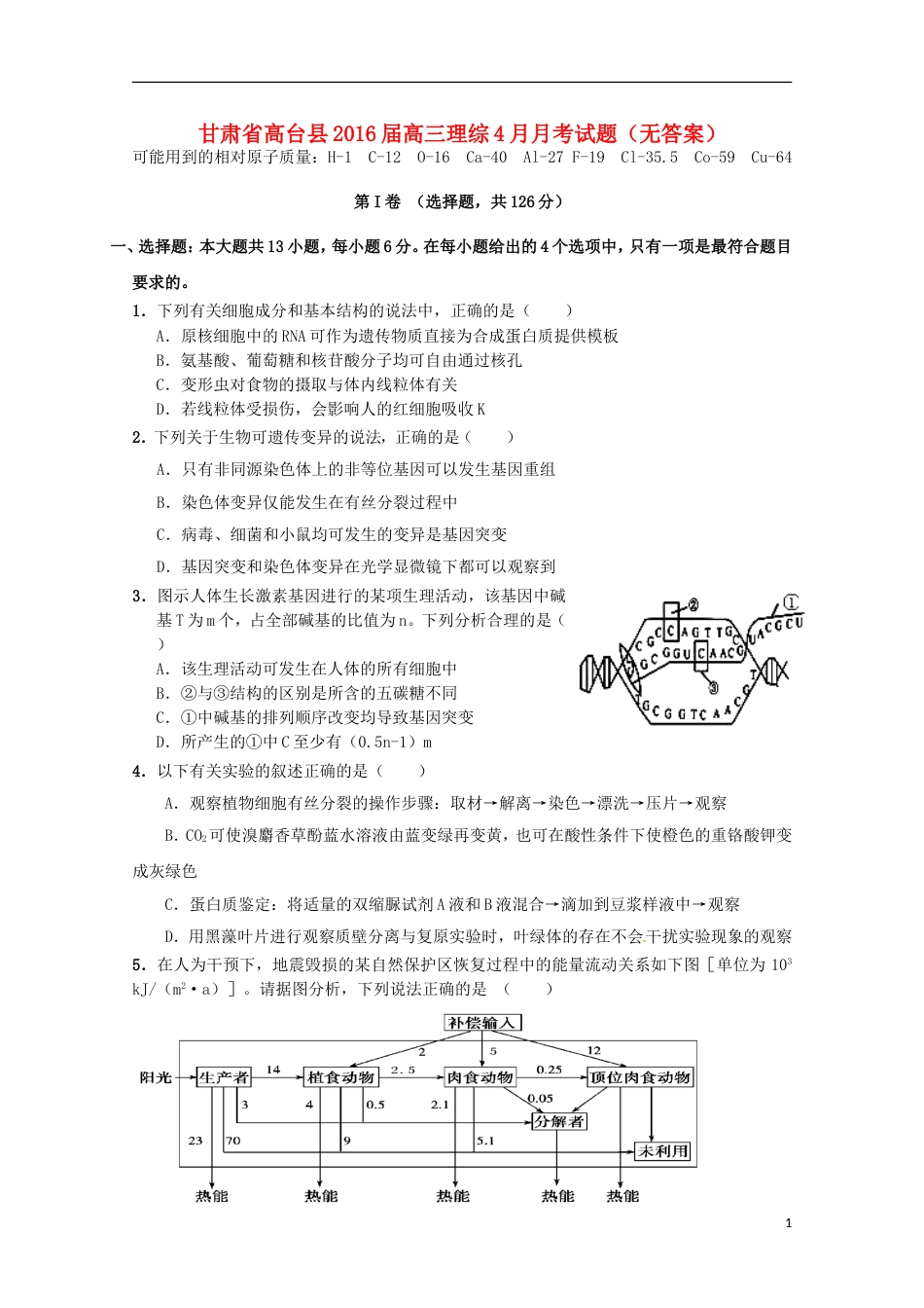 高台高三理综月月考试题_第1页