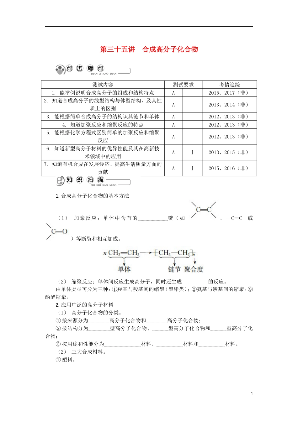 高中化学第三十五讲合成高分子化合物学业水平测试新人教选修_第1页