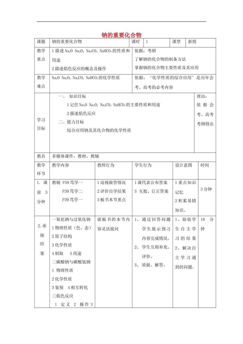 高中化学第三章金属及其化合物钠的重要化合物教案新人教必修_第1页