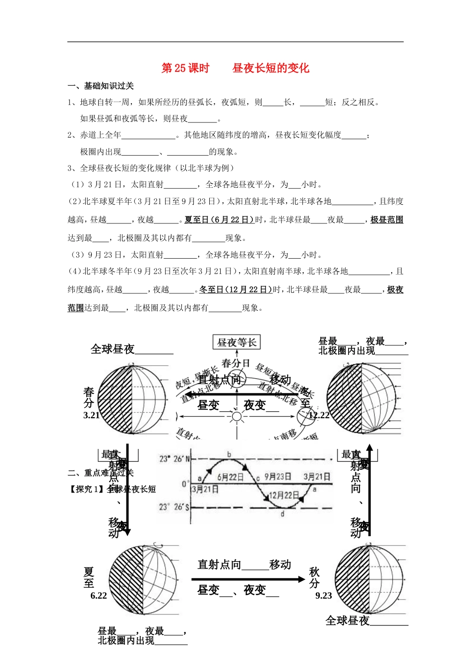 高中地理第一章行星地球第二节太阳对地球的影响时昼夜长短的变化导学案新人教必修_第1页