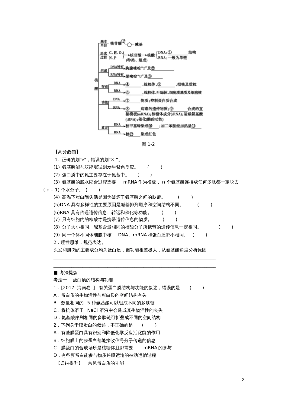 2018届高考生物二轮复习专题复习细胞的分子组成导学案_第2页