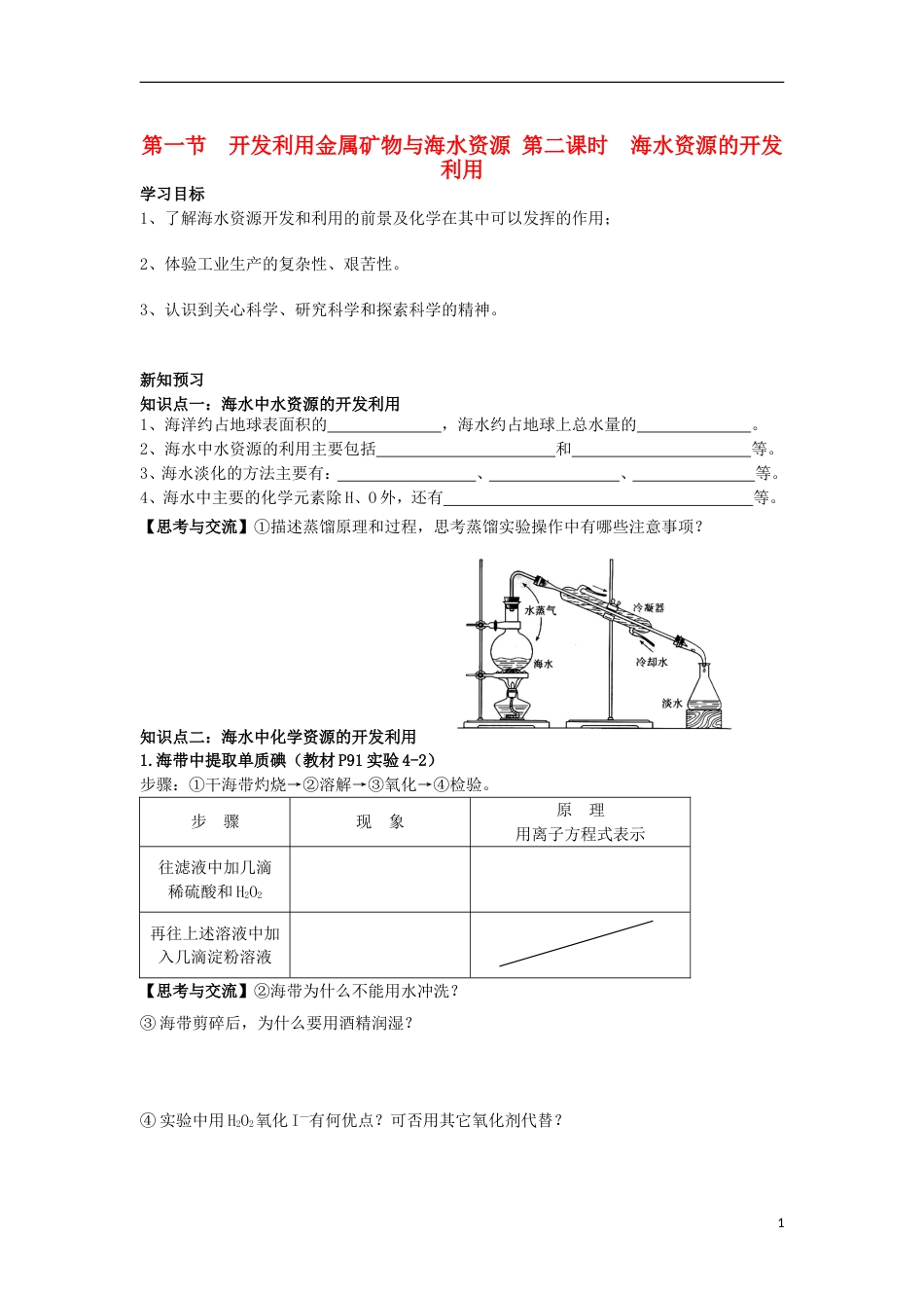 高中化学第四章化学与自然资源的开发利用海水资源的开发利用学案新人教必修_第1页