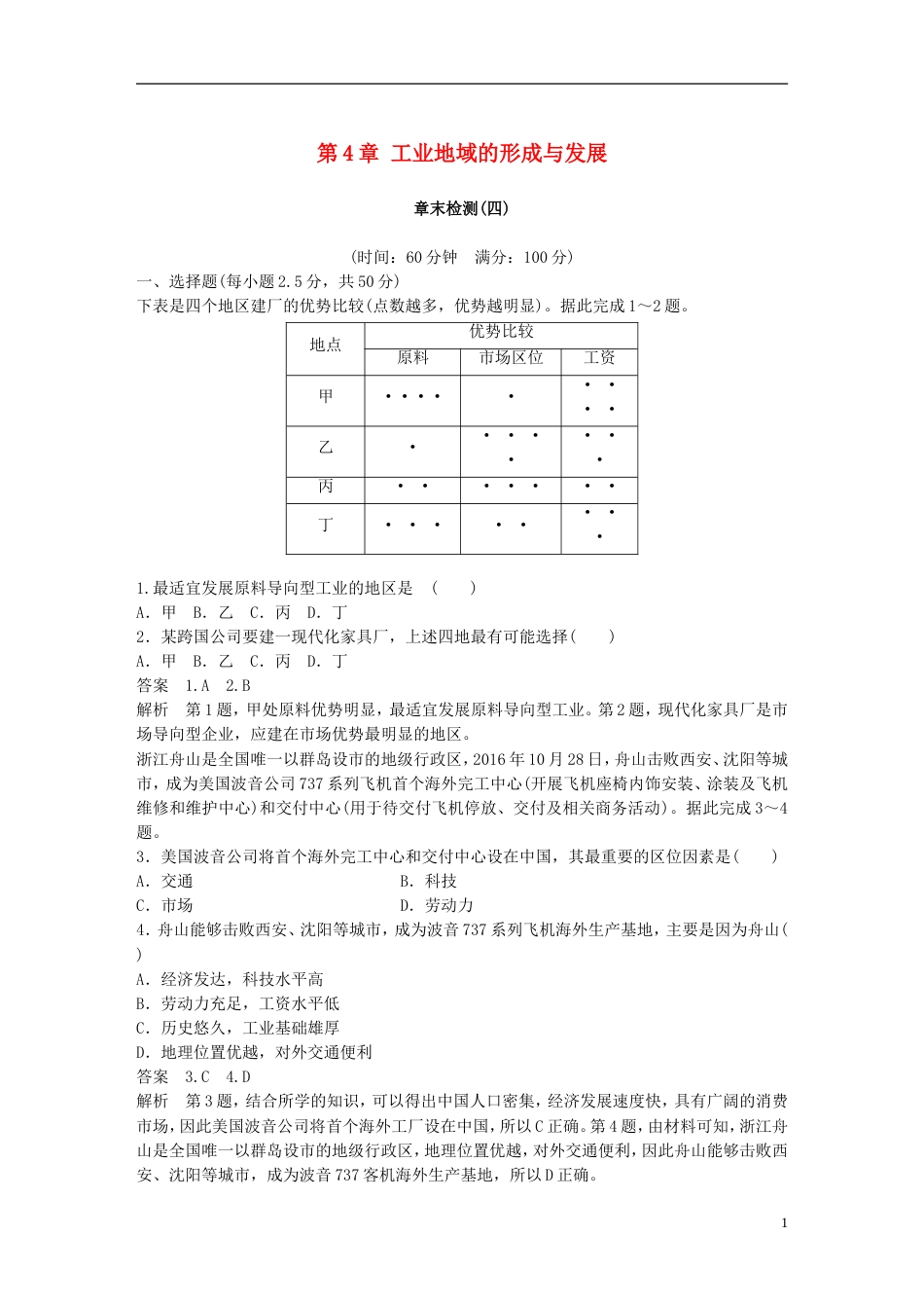 高中地理第章工业地域的形成与发展章末检测新人教必修_第1页