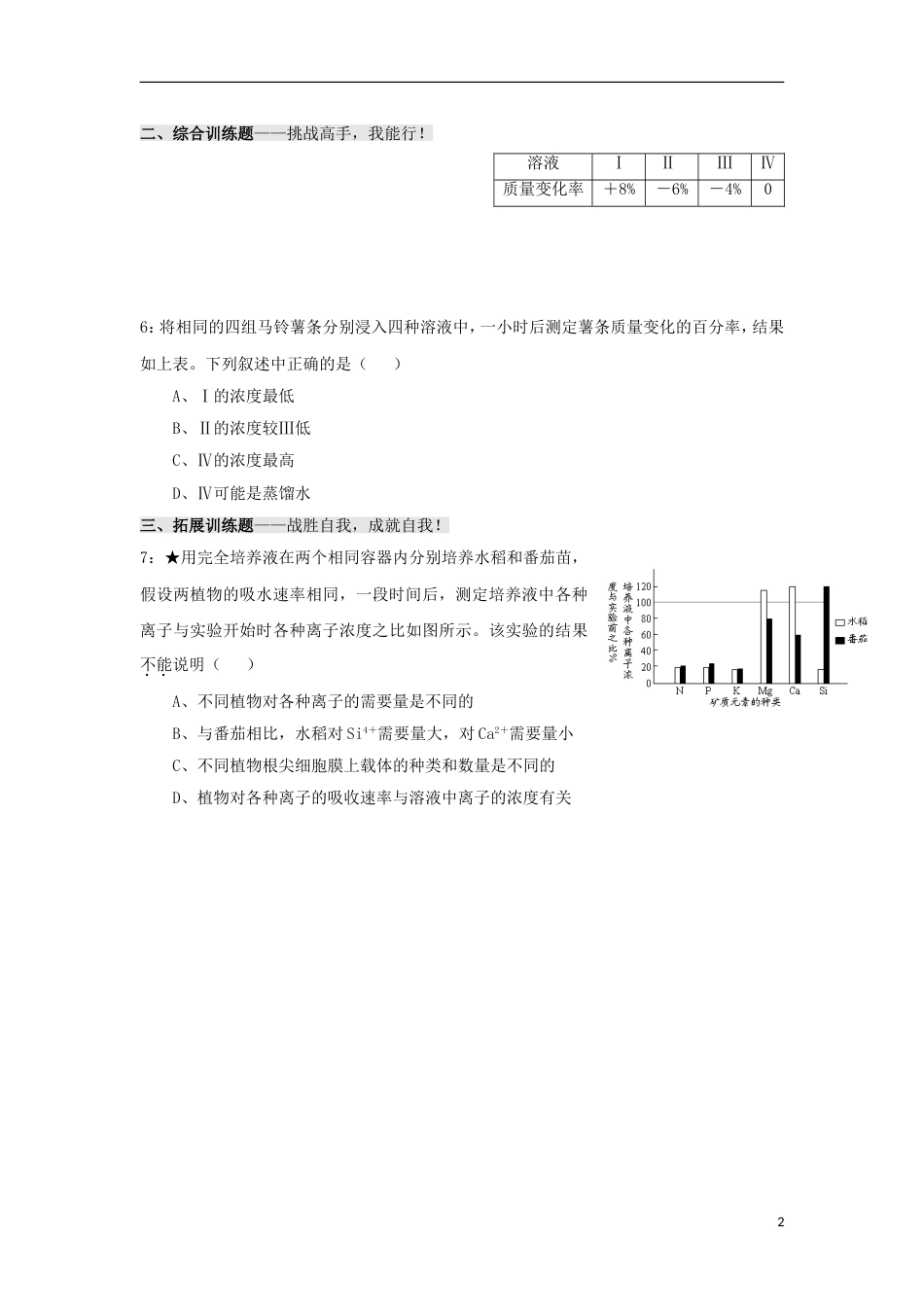 高中生物第四章细胞的物质输入和输出第节物质跨膜运输的实例习题新人教必修_第2页