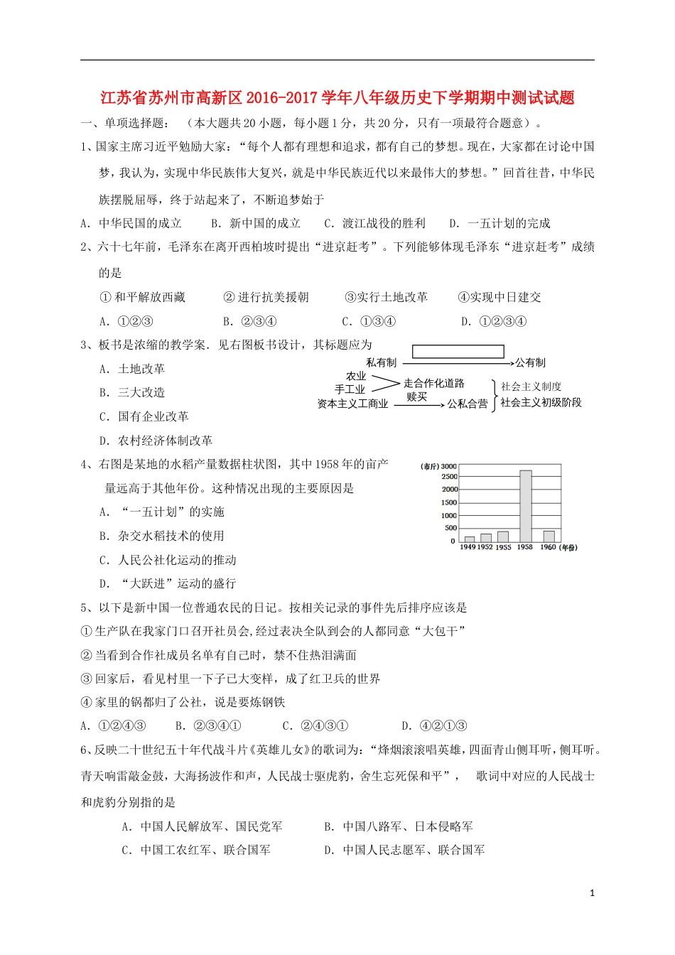 高新八年级历史下学期期中测试试题_第1页