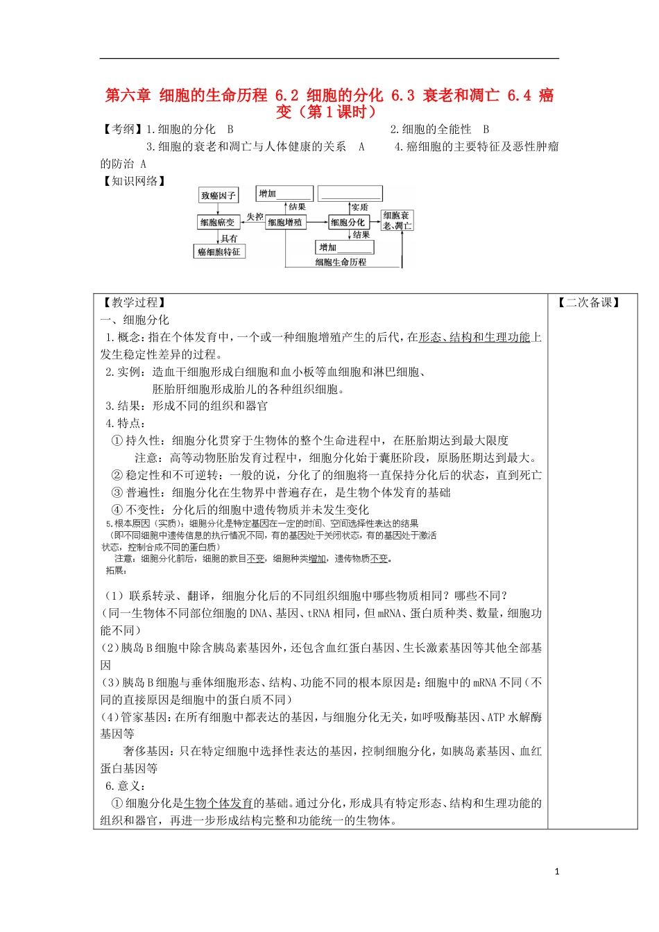 高中生物第六章细胞的生命历程细胞的分化衰老和凋亡癌变时教案新人教版必修_第1页