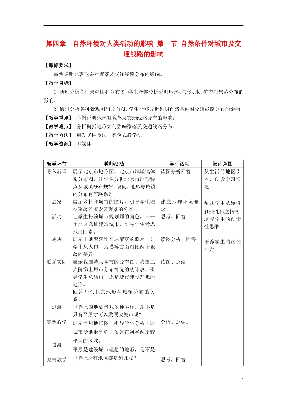 高中地理第四章自然环境对人类活动的影响4.1自然条件对城形成和发展的影响教案2中图版必修1_第1页