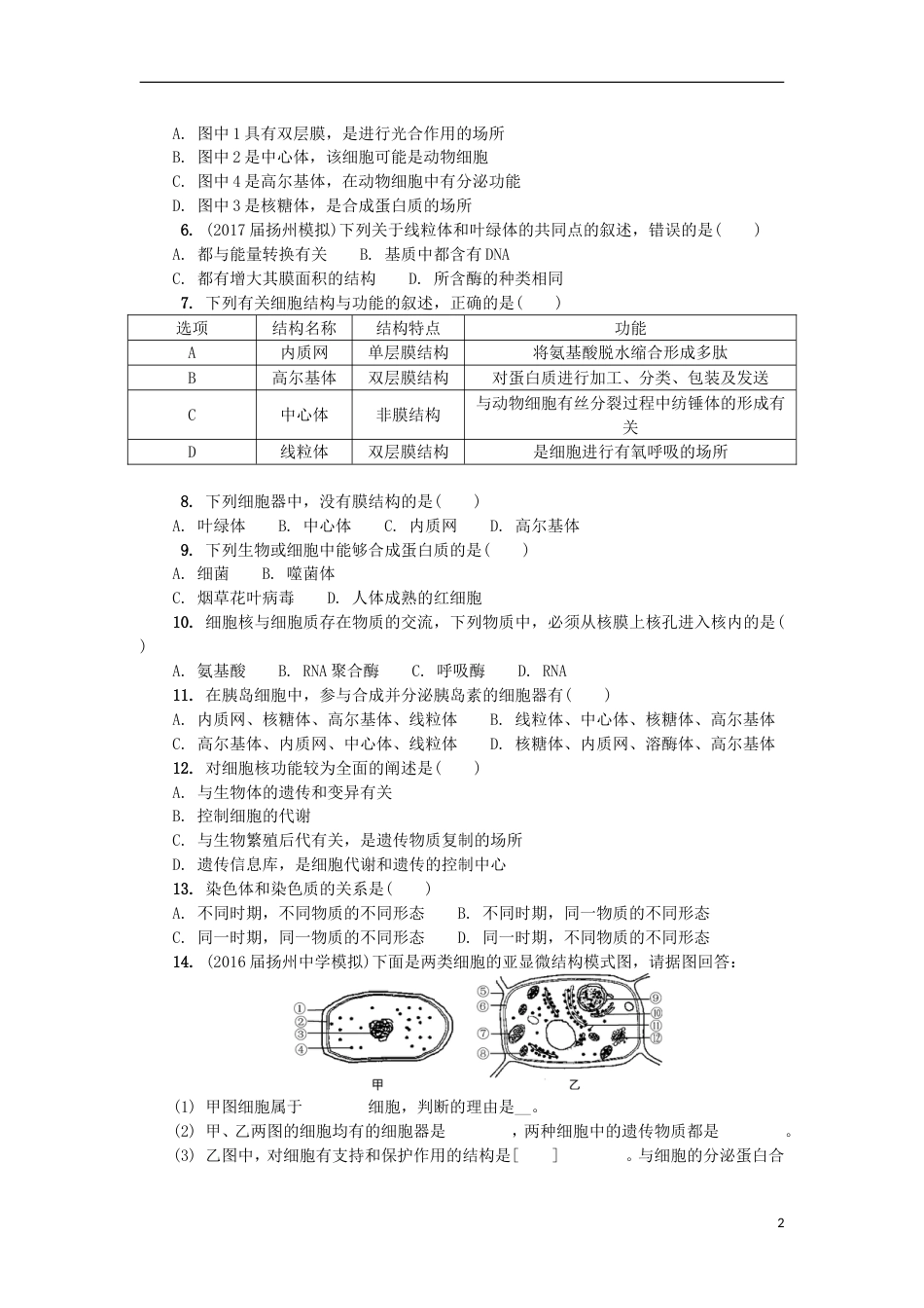 高中生物第四讲细胞结构功能二练习苏教必修_第2页