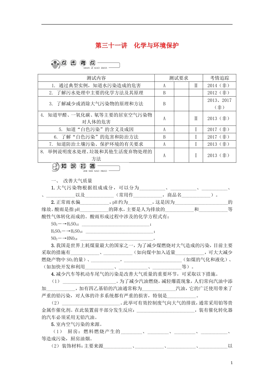 高中化学第三十一讲化学与环境保护学业水平测试新人教选修_第1页