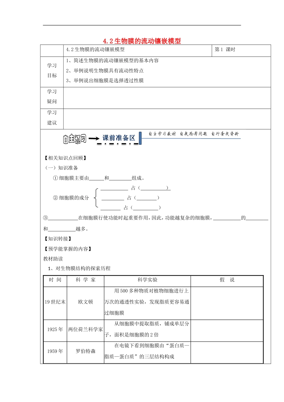 高中生物第四章细胞的物质输入和输出生物膜的流动镶嵌模型导学案新人教必修_第1页