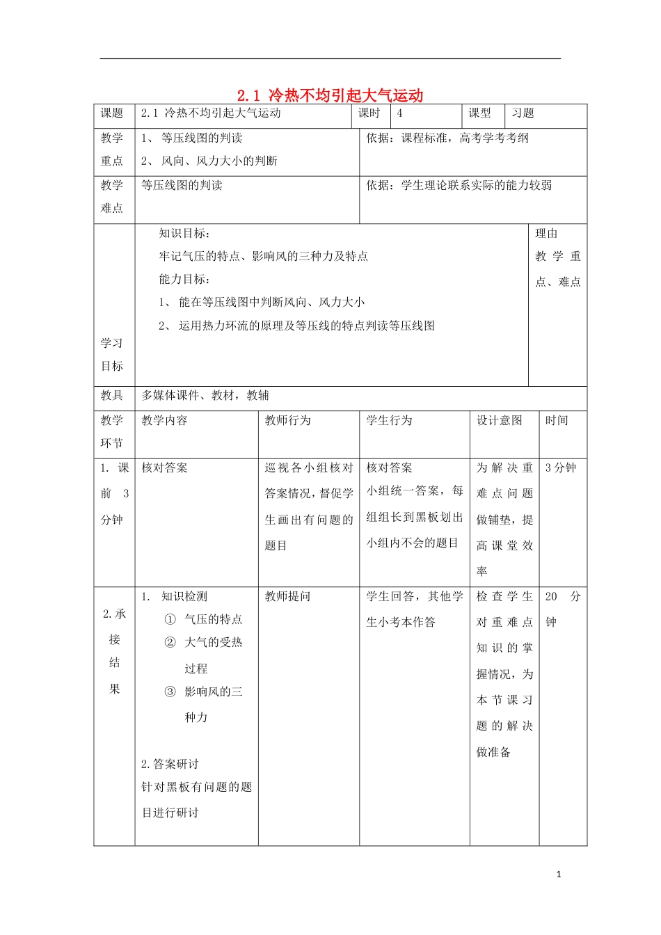 高中地理第二章地球上的大气21冷热不均引起大气运动第4课时教案新人教必修1_第1页