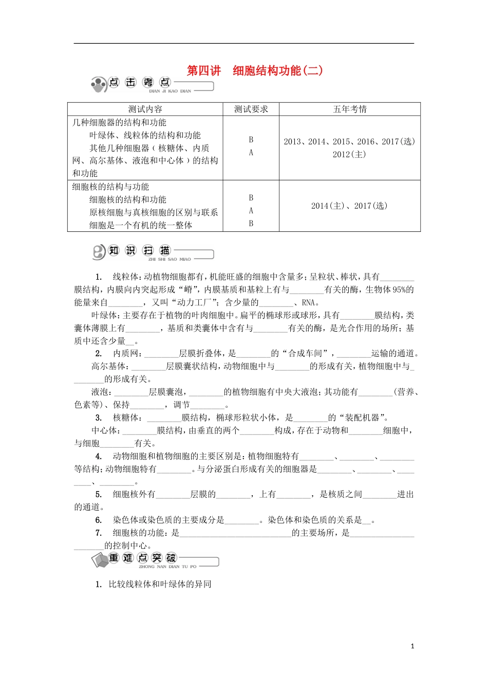 高中生物第四讲细胞结构功能二学案苏教必修_第1页