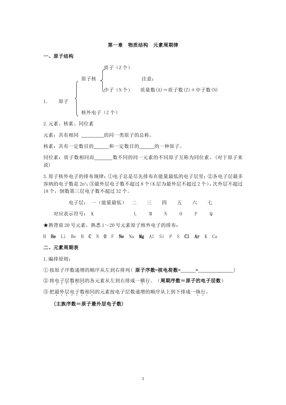 高中化学必修二第一章知识点和习题含答案_第1页