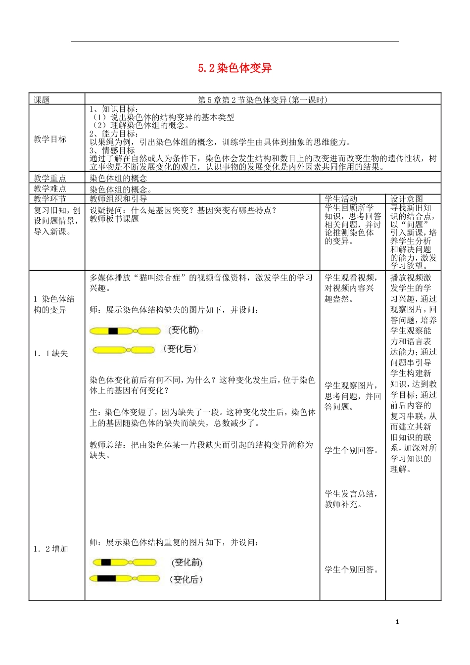 高中生物第五章基因突变及其他变异染色体变异教案新人教必修_第1页