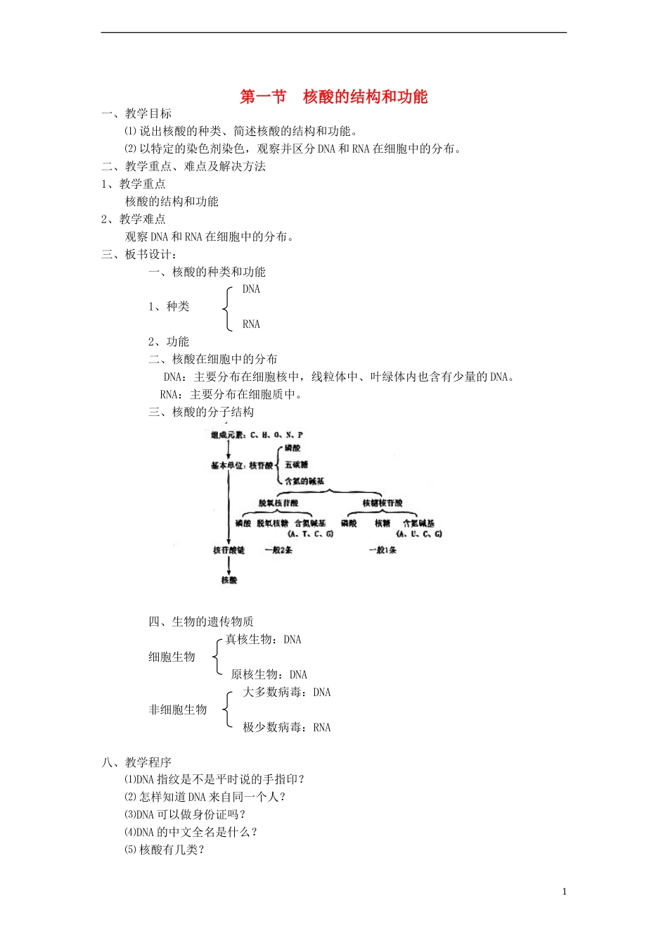 高中生物第二单元细胞的自我保障第二章细胞中的核酸第一节核酸的结构和功能教案中图版必修1_第1页