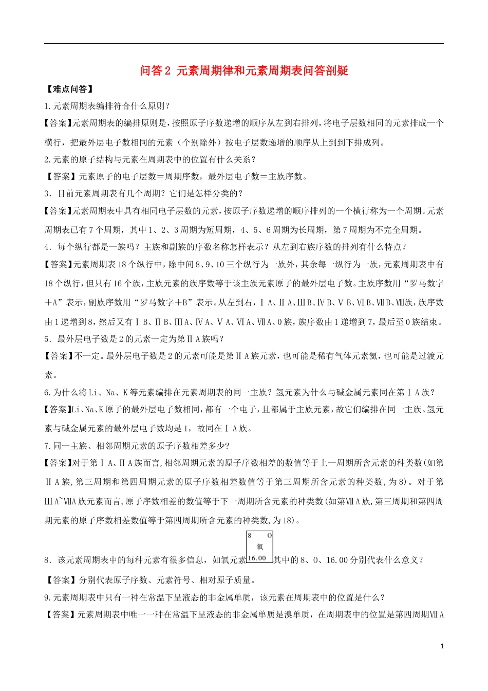 高中化学难点剖疑问答元素周期律和元素周期表问答剖疑新人教必修_第1页