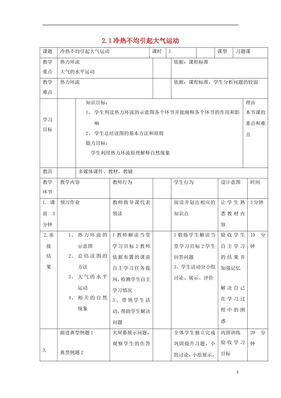 高中地理第二章地球上的大气冷热不均引起大气运动联系教案新人教必修_第1页