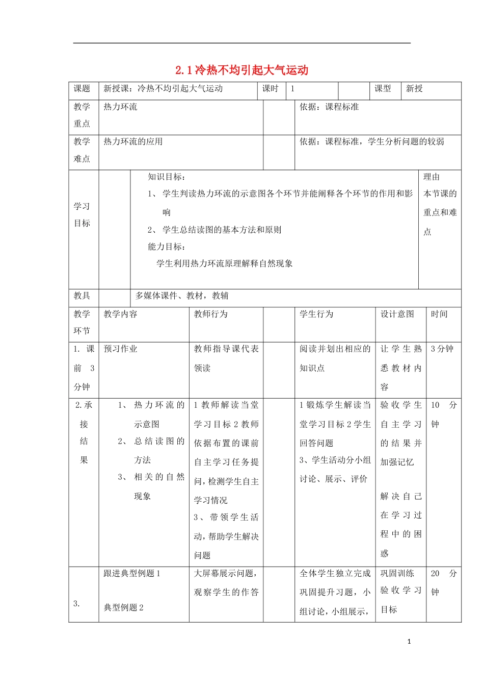 高中地理第二章地球上的大气21冷热不均引起大气运动教案新人教必修1_第1页