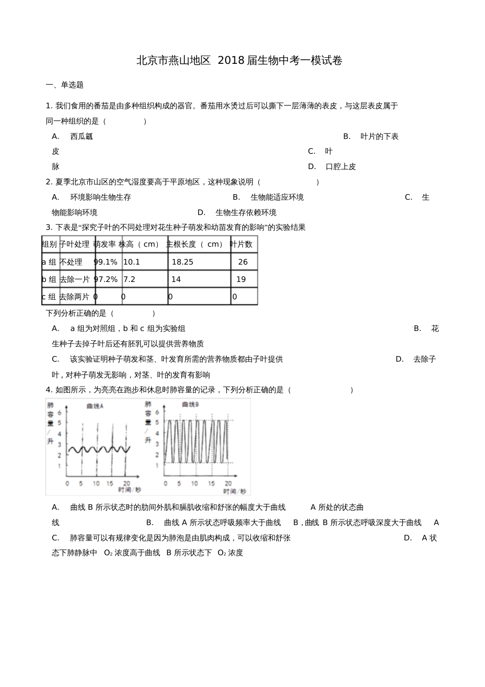 北京市燕山地区2018届中考生物一模试题(含解析)_第1页