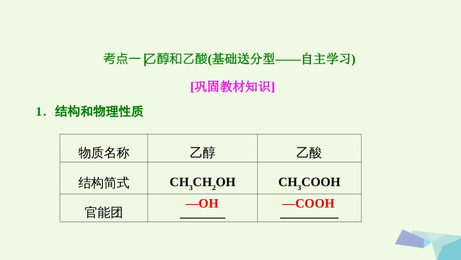 高考化学大一轮复习 第九章 常见有机化合物 第34讲 生活中两种常见的有机物 基本营养物质考点探究课件[共53页]_第3页