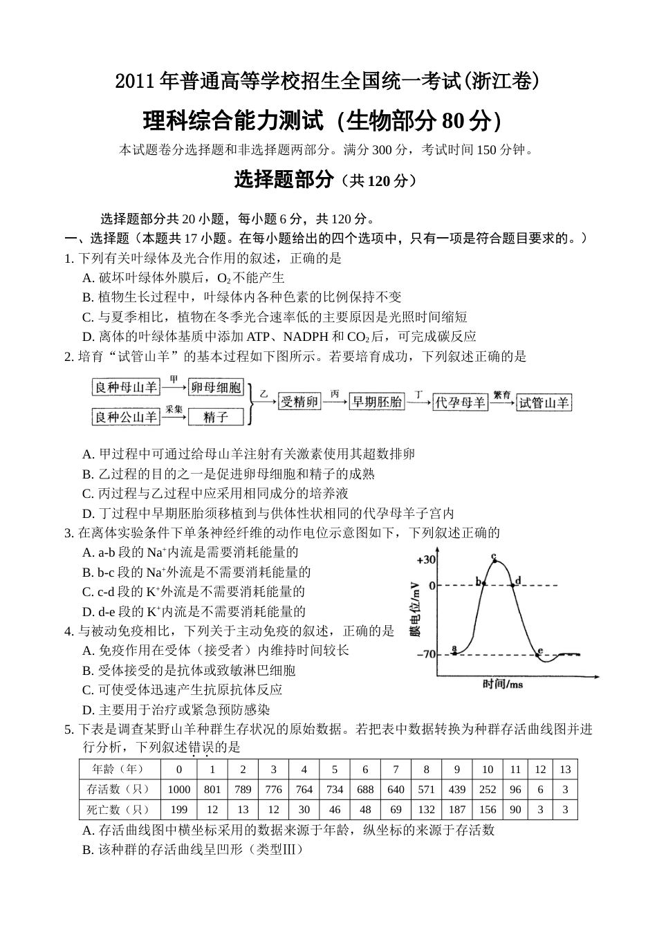 高考理综生物试卷及答案浙江卷[共4页]_第1页