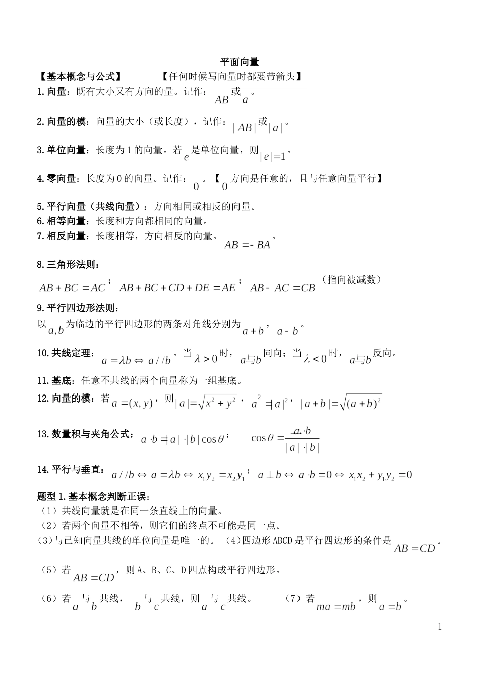 高中数学必修4平面向量知识点总结与典型例题归纳[共6页]_第1页