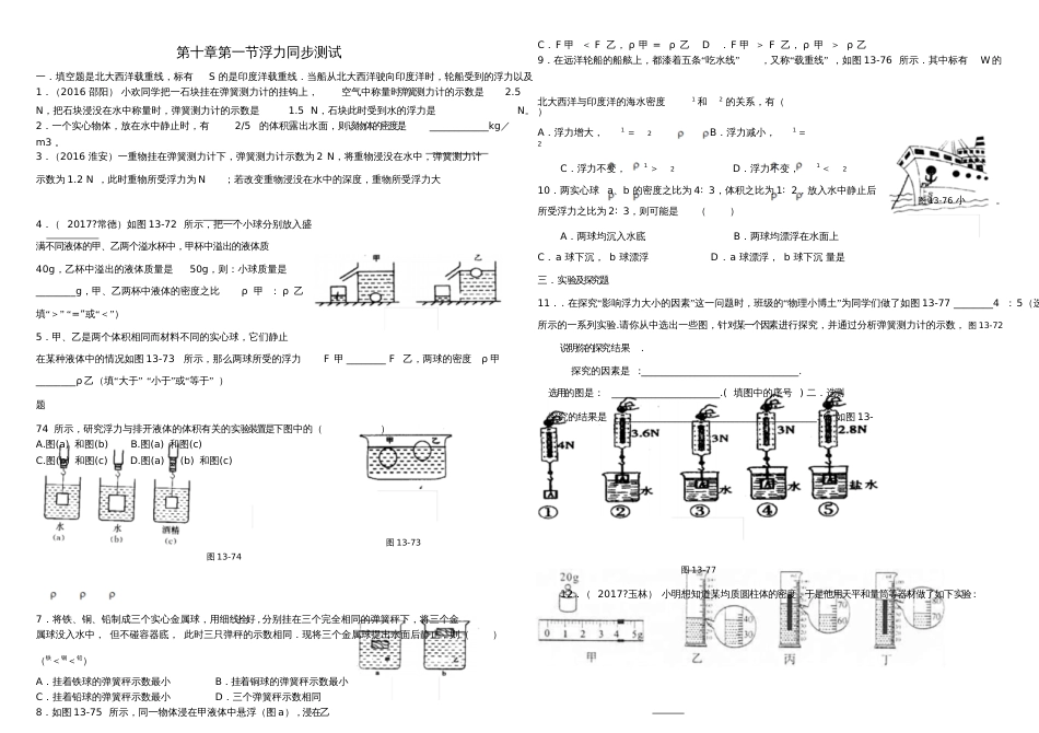 八年级物理下册第十章第一节浮力测试(新版)新人教版_第1页