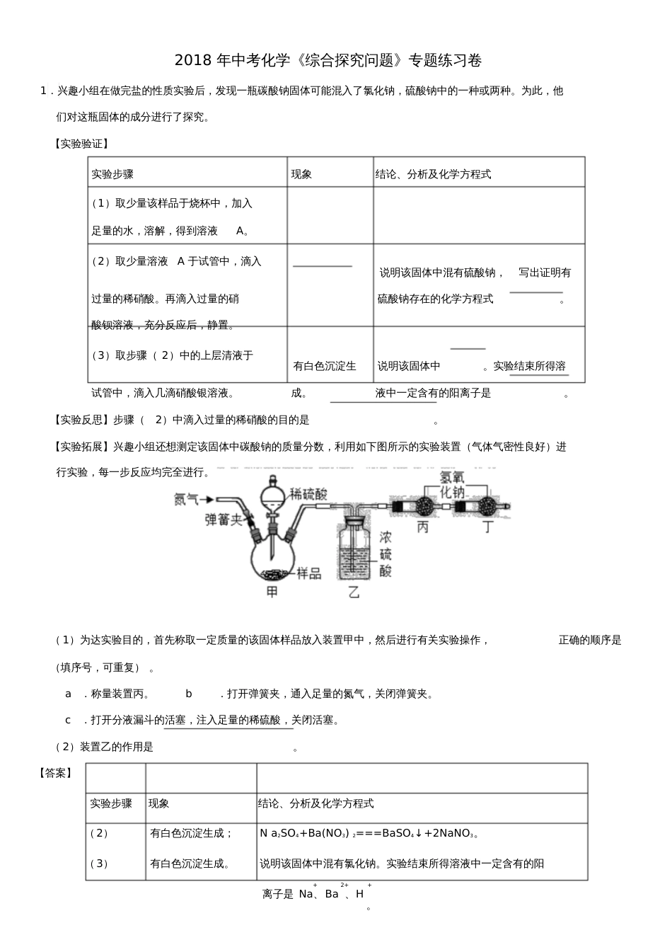 2018年中考化学《综合探究问题》专题练习卷[共7页]_第1页