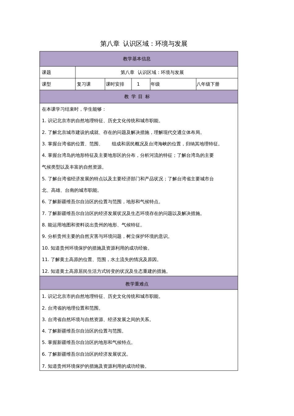 八年级地理下册第八章认识区域：环境与发展复习教案(新版)湘教版_第1页