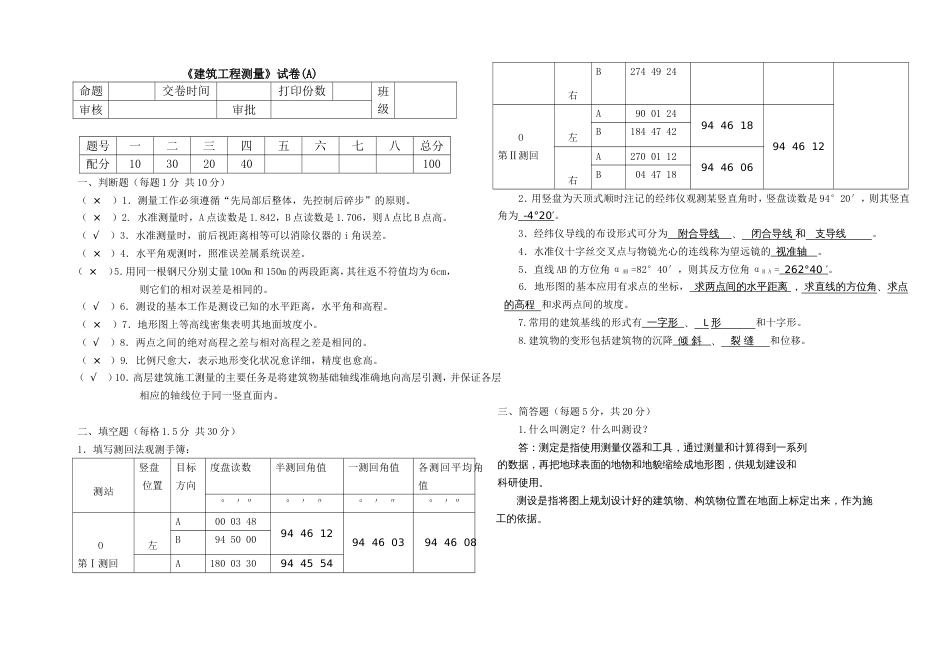 建筑工程测量试卷A附答案[共3页]_第1页