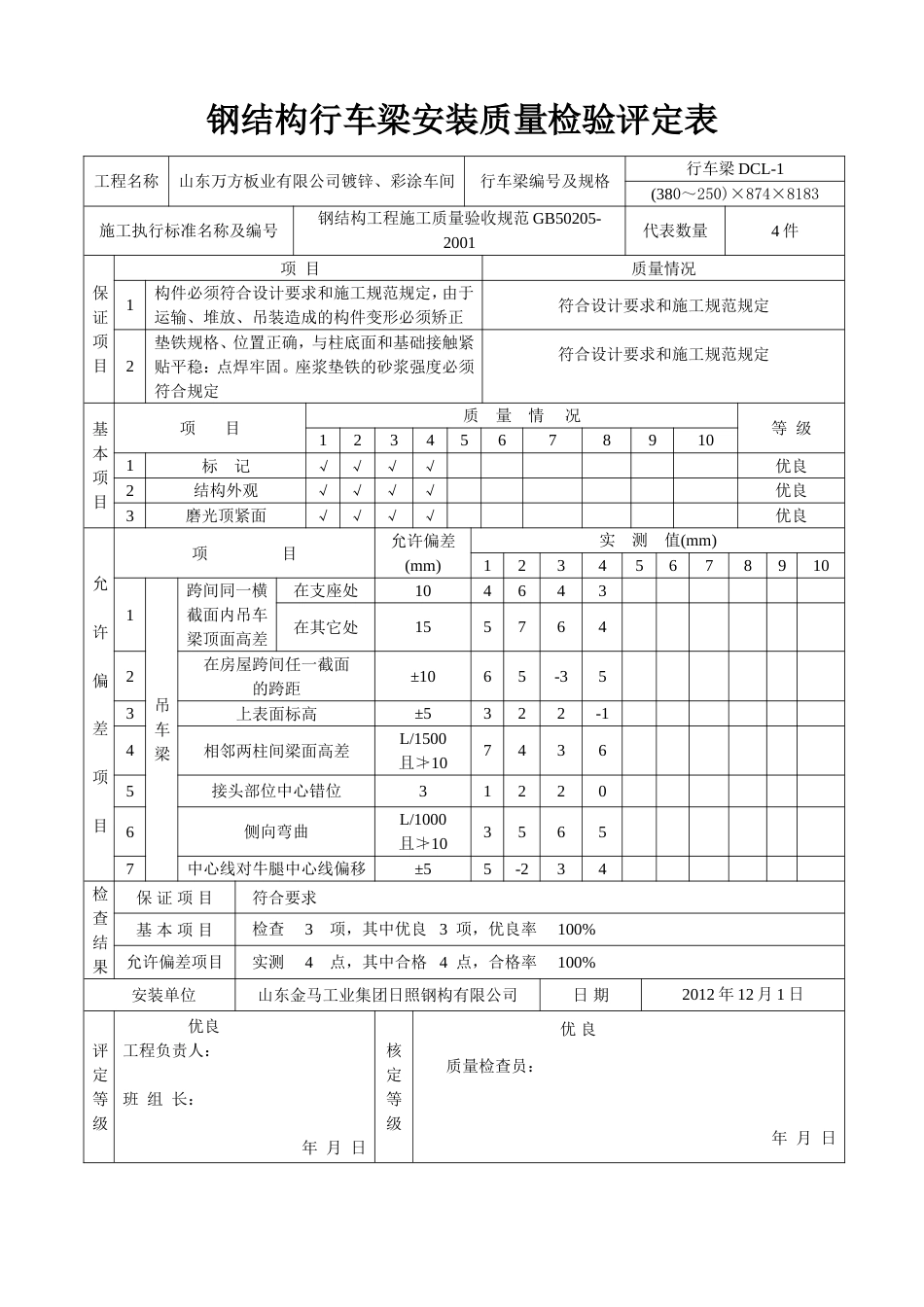 钢结构吊车梁安装分项工程质量检验评定表[共8页]_第1页