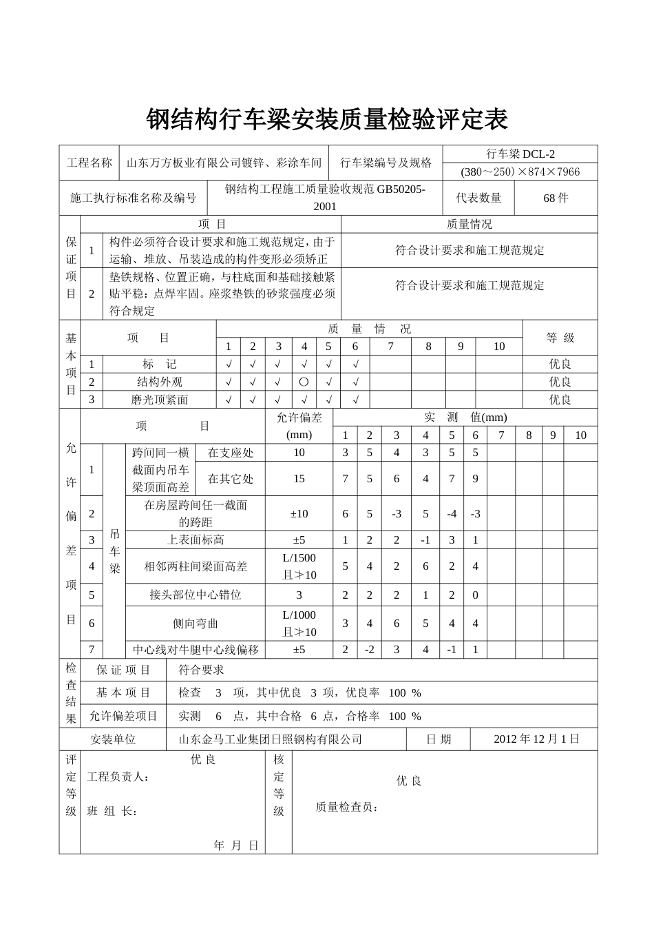 钢结构吊车梁安装分项工程质量检验评定表[共8页]_第2页