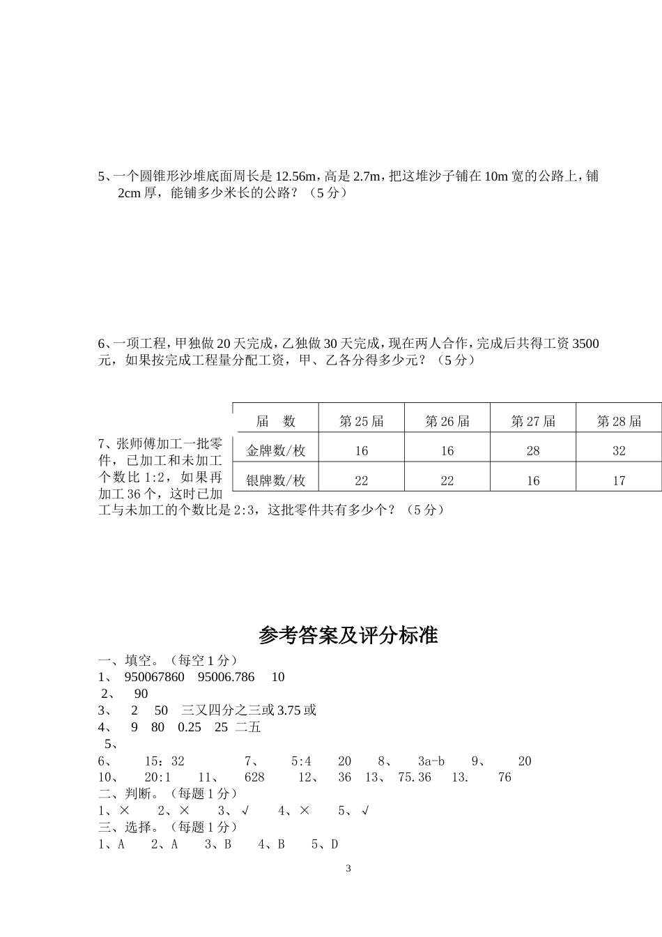 2017小学六年级数学小升初试卷及答案_第3页