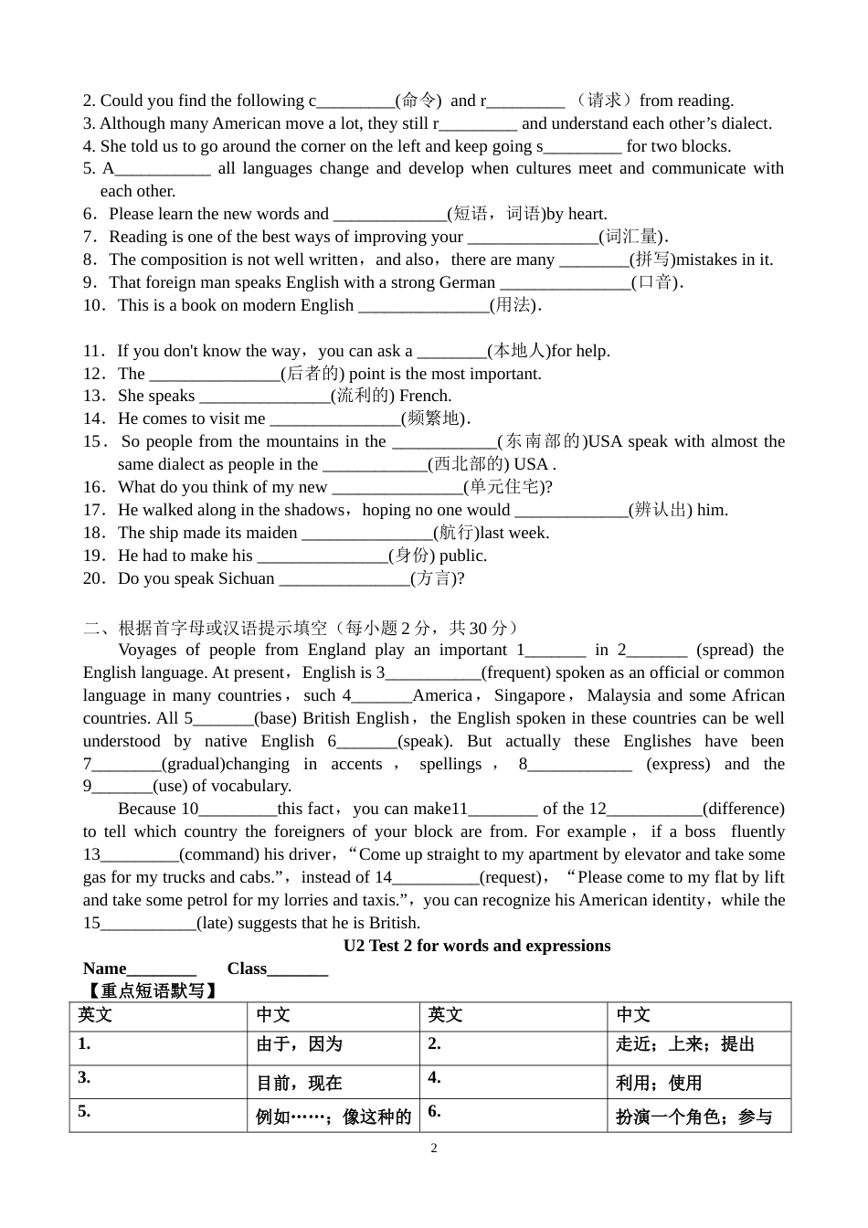 高中英语必修1U2单词及短语小测_第2页