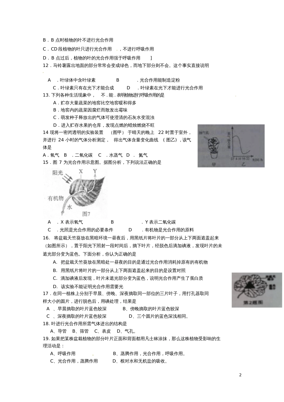 七年级生物上册植物的三大作用过关检测(无答案)新人教版_第2页