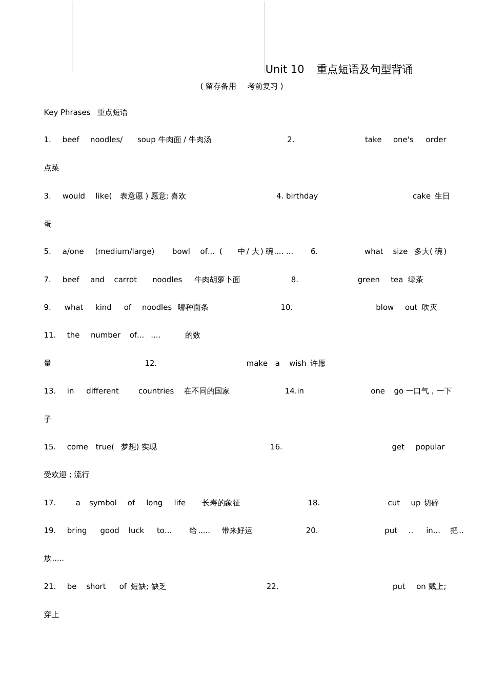 七年级英语下册Unit10I’dlikesomenoodles重点单词及句型背诵、默写1218_第1页