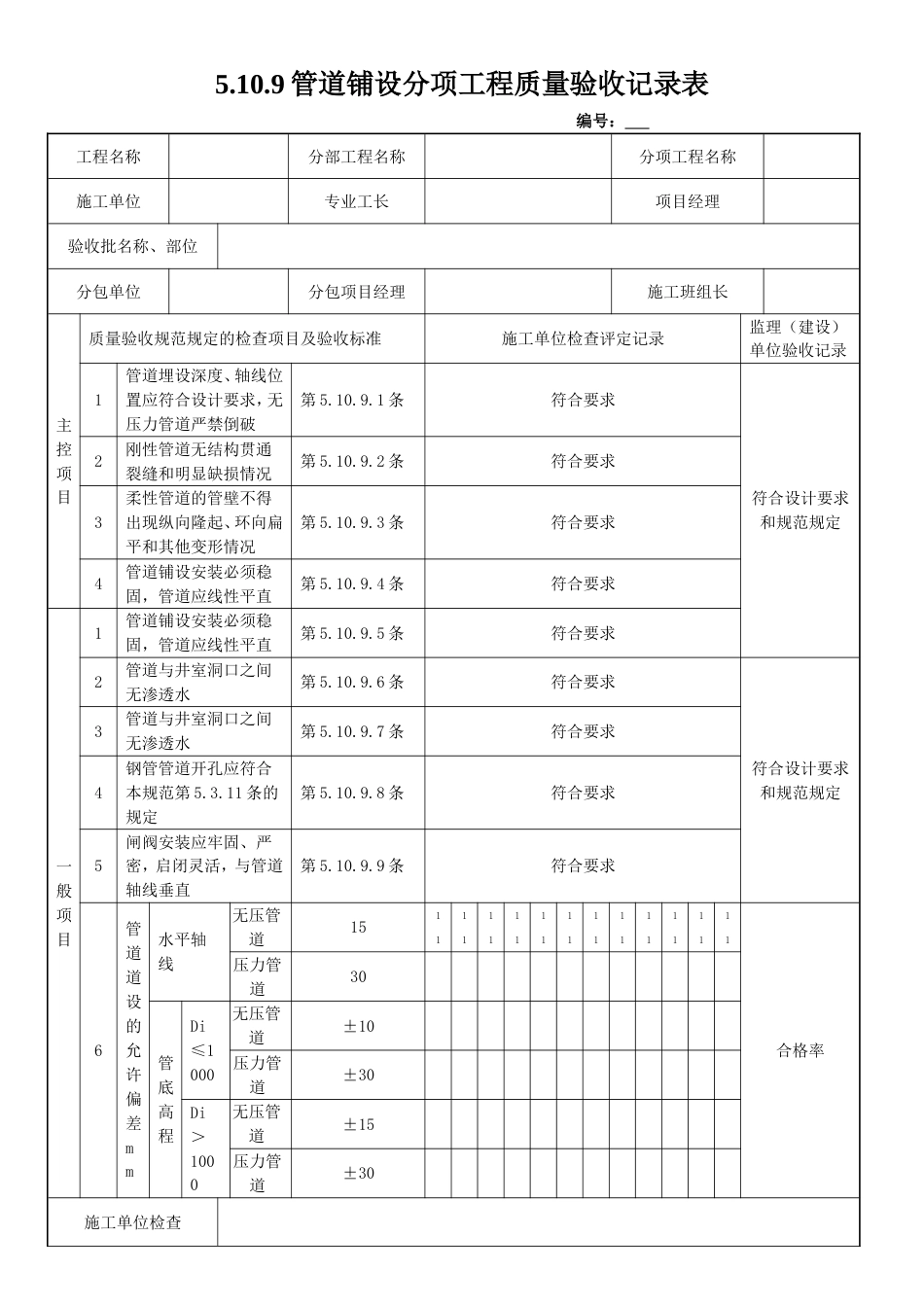 5.10.9管道铺设分项工程质量验收记录表_第1页