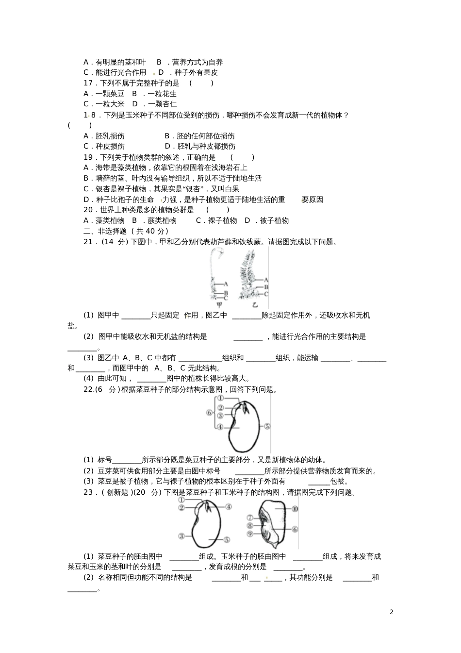 七年级生物上册第3单元第1章生物圈中有哪些绿色植物单元测试题(新版)新人教版_第2页