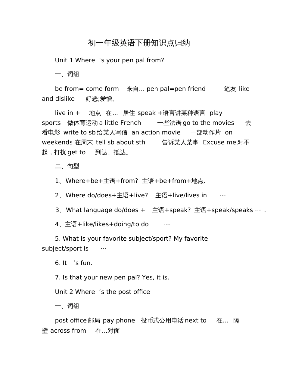初一年级英语下册知识点归纳_第1页