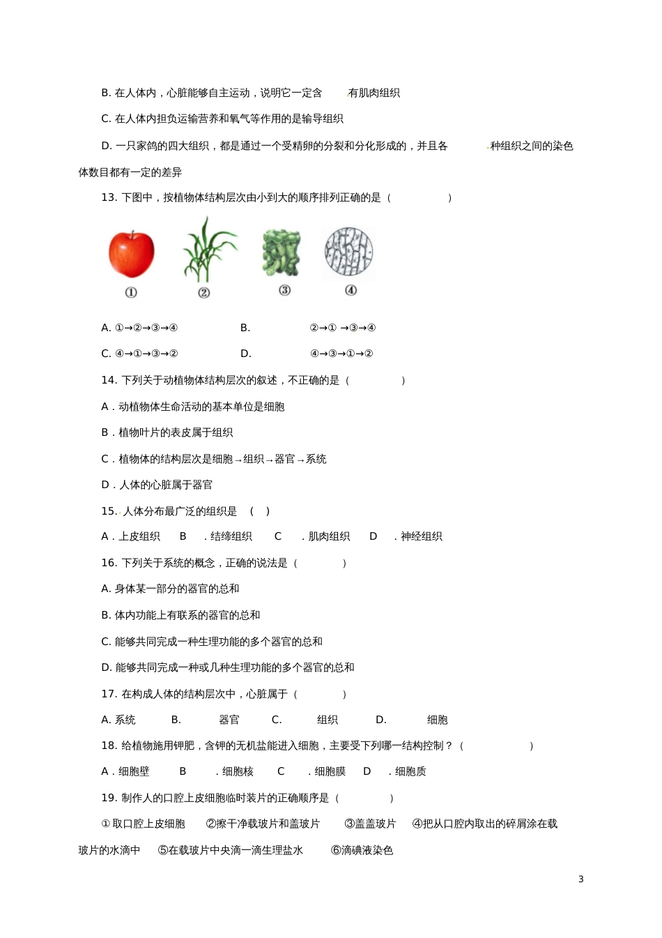 七年级生物上册第二单元生物体的结构练习题(新版)北师大版_第3页