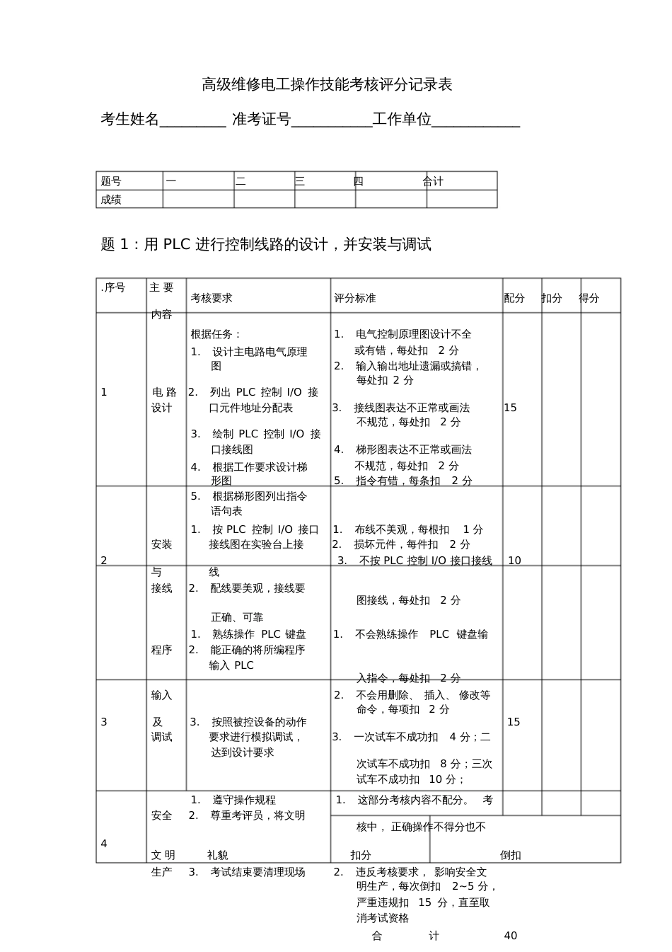 高级维修电工操作技能考核评分记录表_第1页