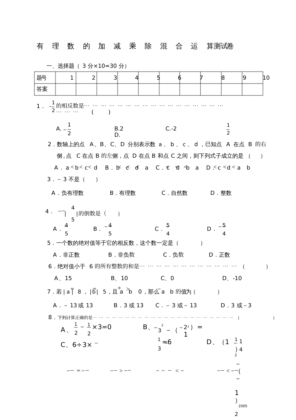 七年级上册有理数的加减乘除混合运算测试卷[共4页]_第1页