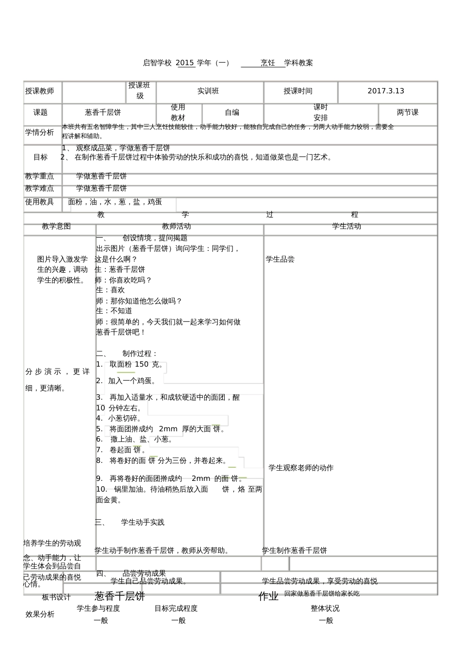 培智学校烹饪课——《葱香千层饼》教案_第1页